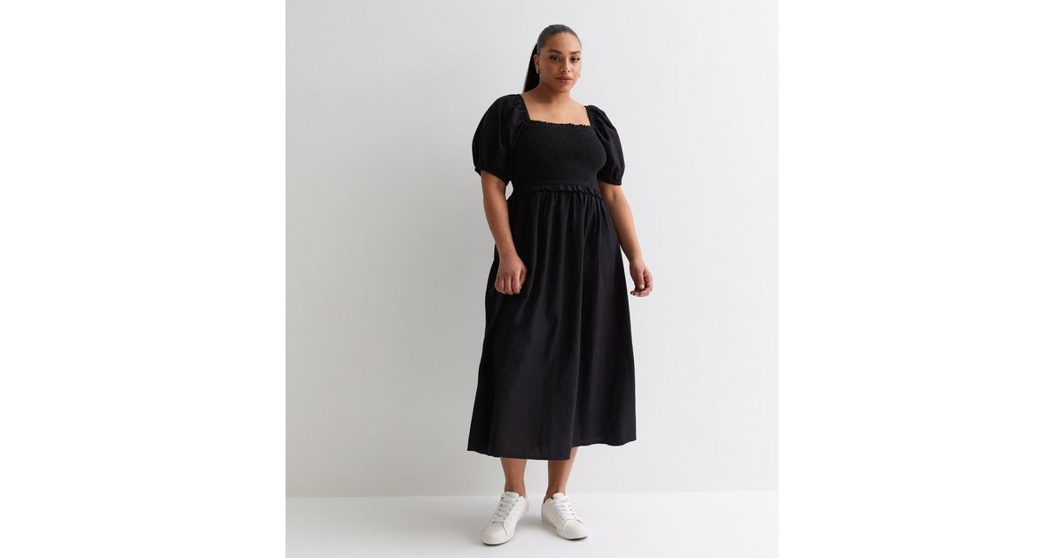 Curves Black Square Neck Shirred Midi Dress | New Look