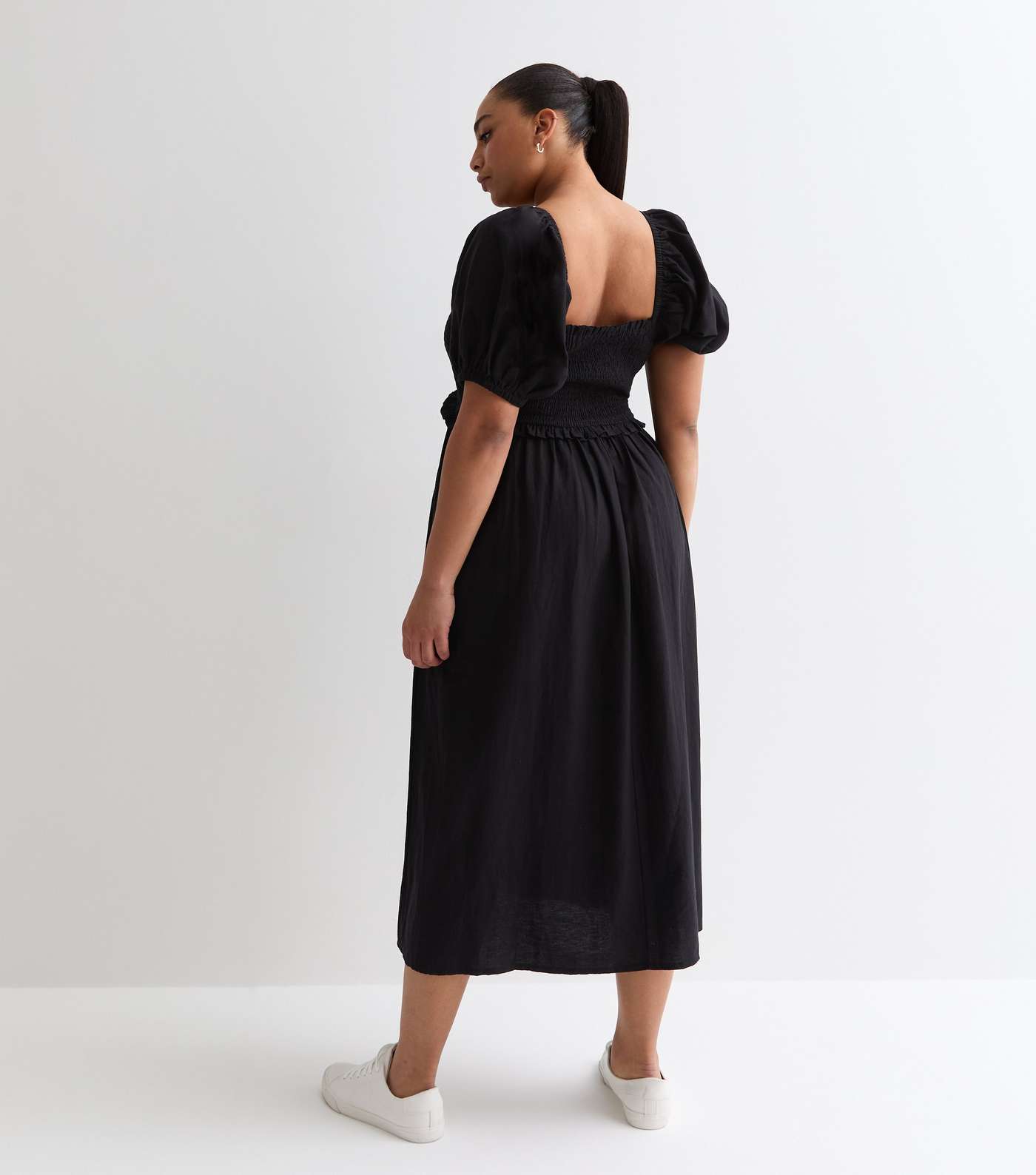 Curves Black Square Neck Shirred Midi Dress Image 4