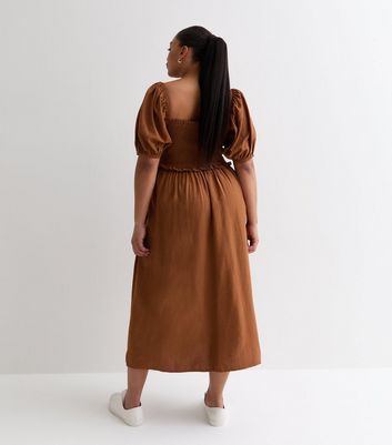 Curves Rust Square Neck Puff Sleeve Shirred Midi Dress New Look
