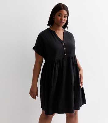 Curves Black Cotton Button Front Mini Smock Dress