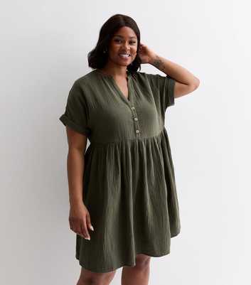 Curves Khaki Cotton Button Front Mini Smock Dress