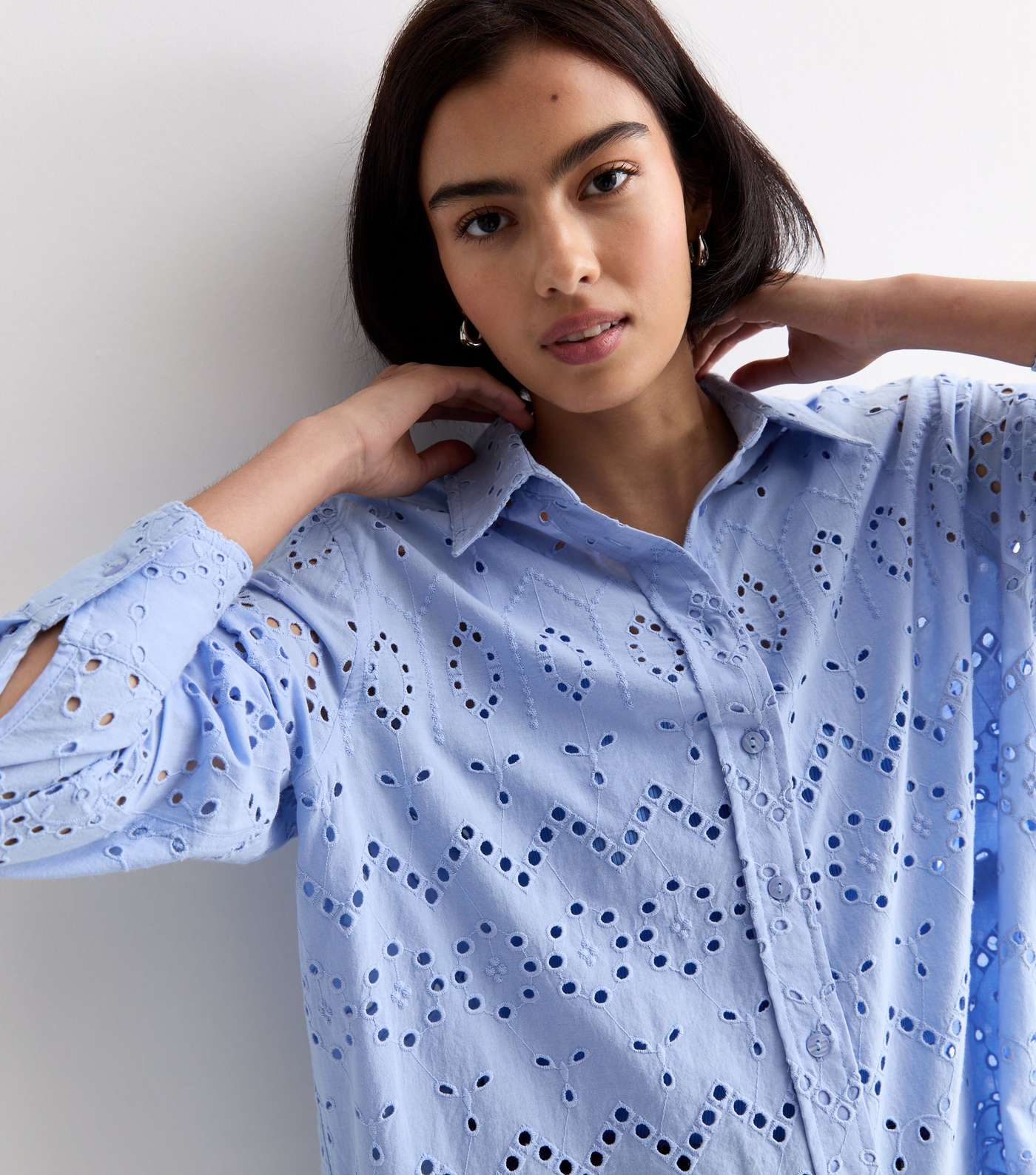 Pale Blue Cotton Broderie Long Sleeve Shirt Image 2