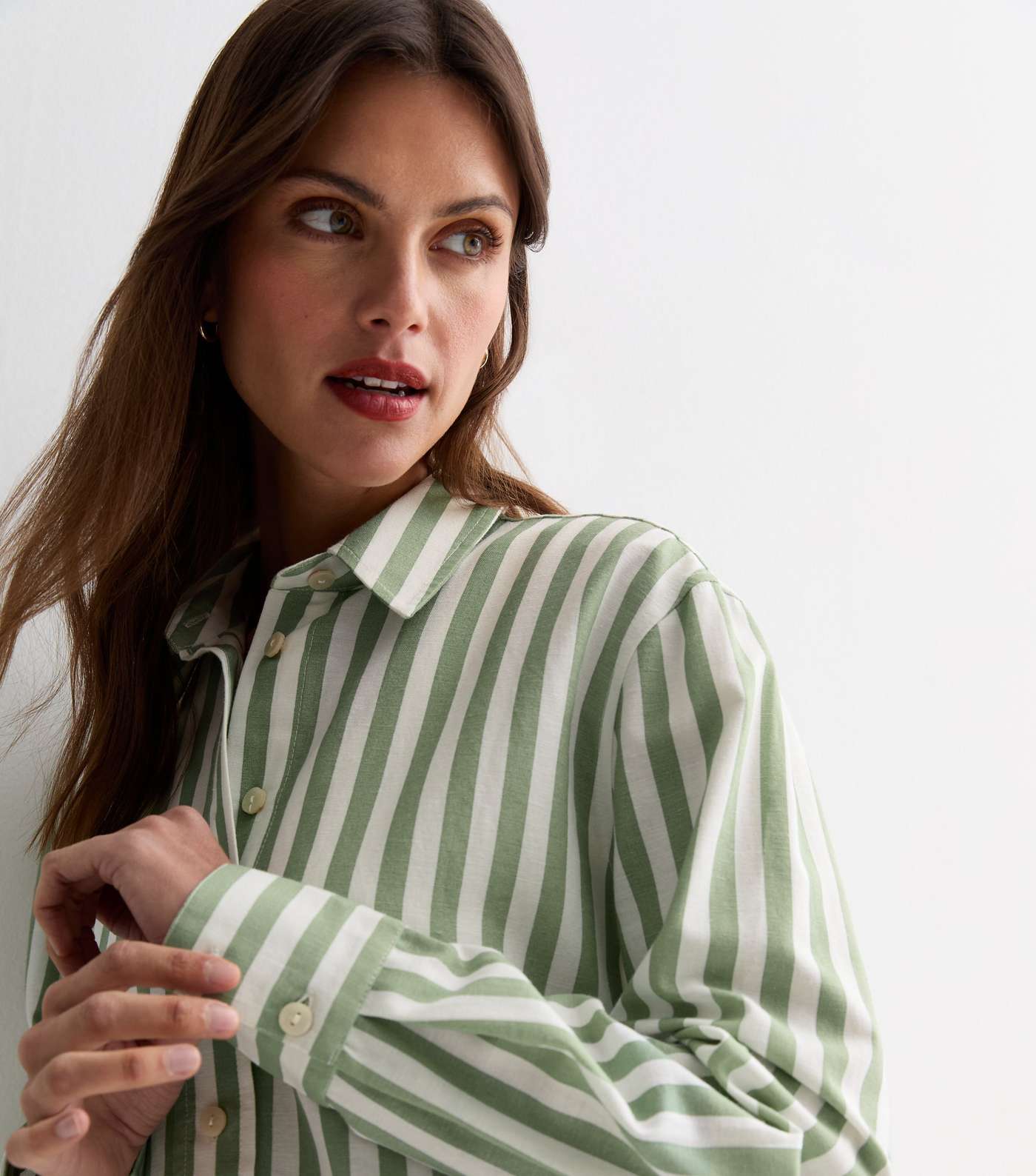 Green Stripe Linen-Look Long Sleeve Shirt Image 2