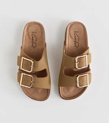 Wide Fit Light Brown Suedette Double Strap Sliders