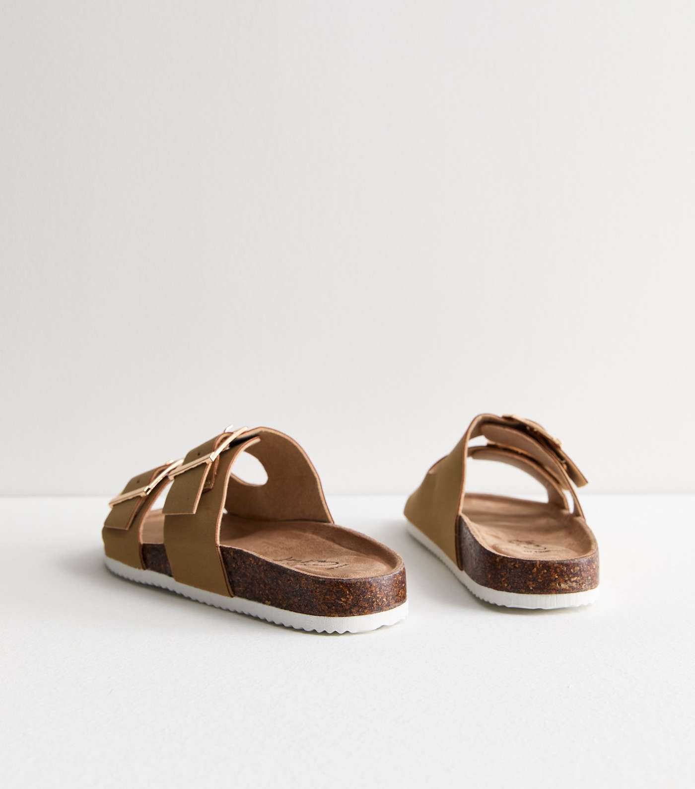 Wide Fit Light Brown Suedette Double Strap Sliders Image 4