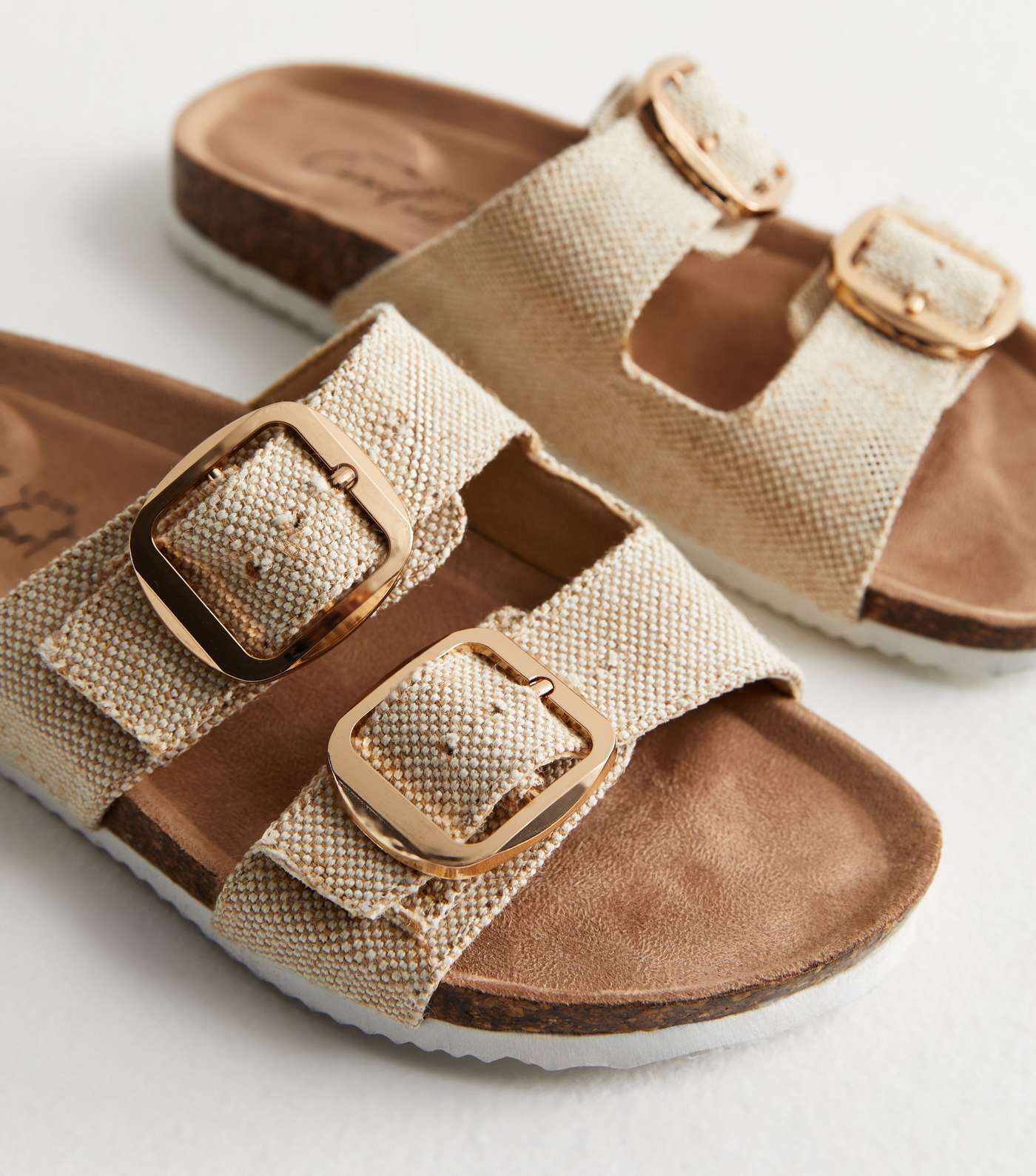 Off White Woven Buckle Footbed Sliders Image 3