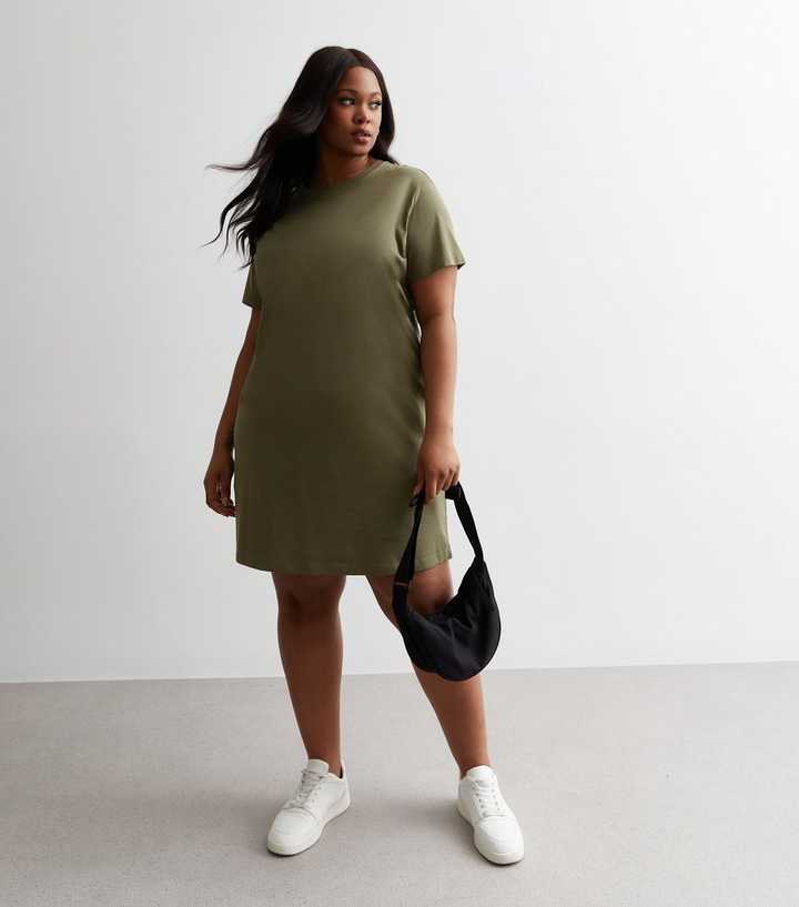 Curves Khaki Cotton Mini T-Shirt Dress