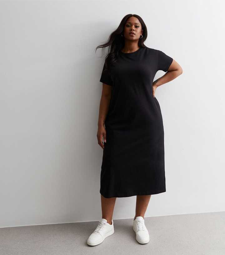 new look black t shirt dress Maternity Black Ribbed T-Shirt Midi Dress
