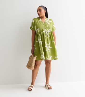 Curves Green Palm Tree Print Cotton Smock Mini Dress