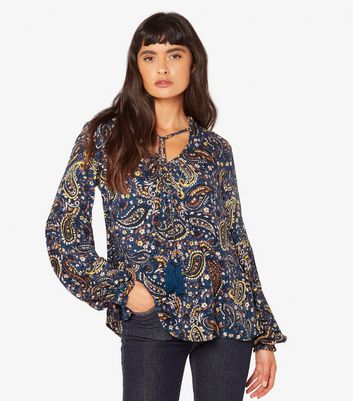 Apricot Navy Paisley Print Tie Neck Blouse New Look
