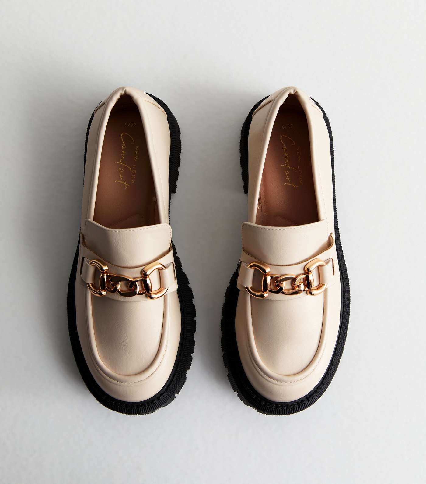 Cream Leather-Look Chain Chunky Loafers Image 3