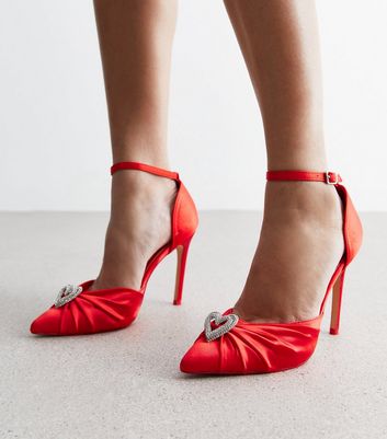 Public Desire Red Satin Heart Charm Stiletto Heel Court Shoes