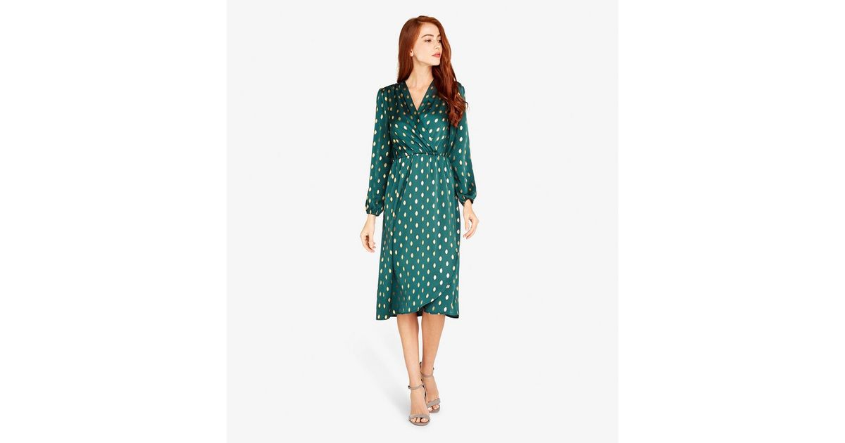 Apricot Green Metallic Spot Wrap Midi Dress New Look