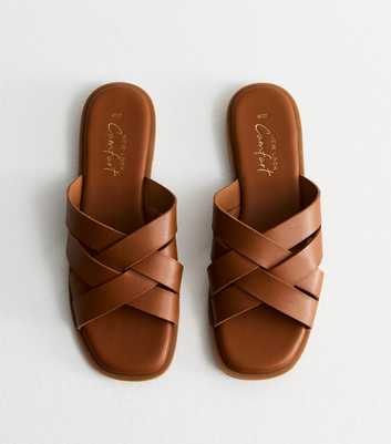 Tan Leather-Look Cross Strap Mule Sandals