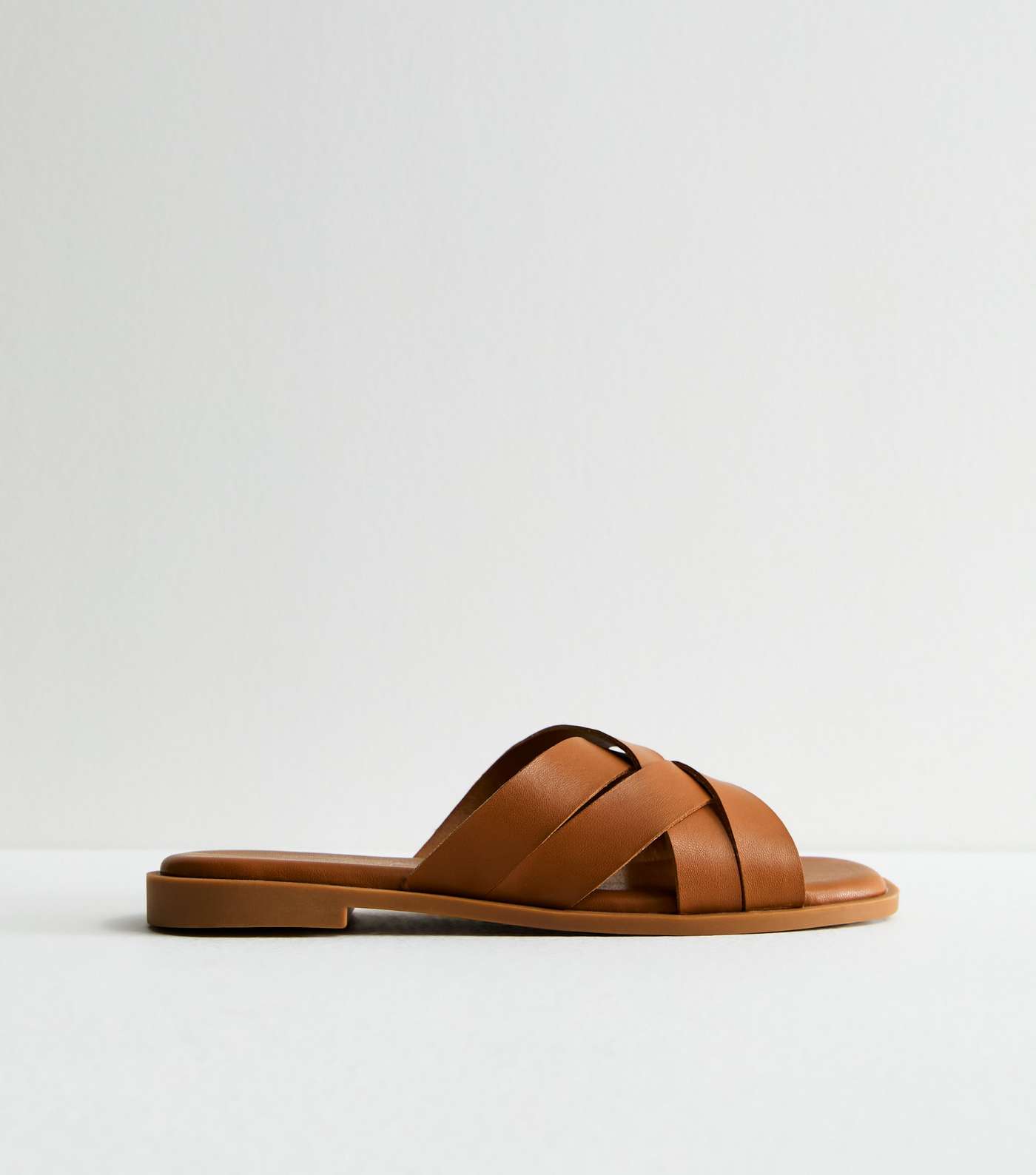 Tan Leather-Look Cross Strap Mule Sandals Image 3