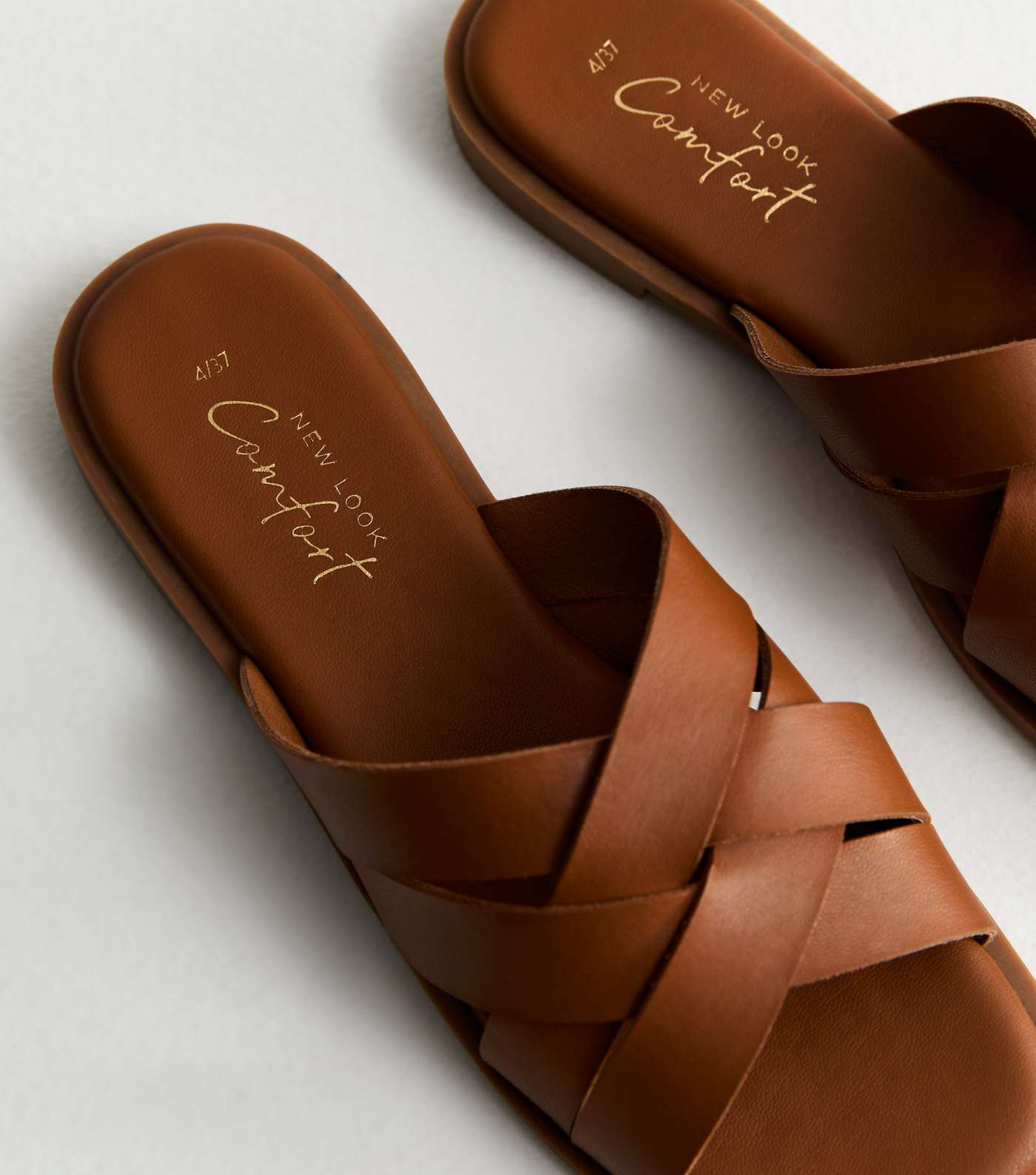 Tan Leather-Look Cross Strap Mule Sandals Image 5