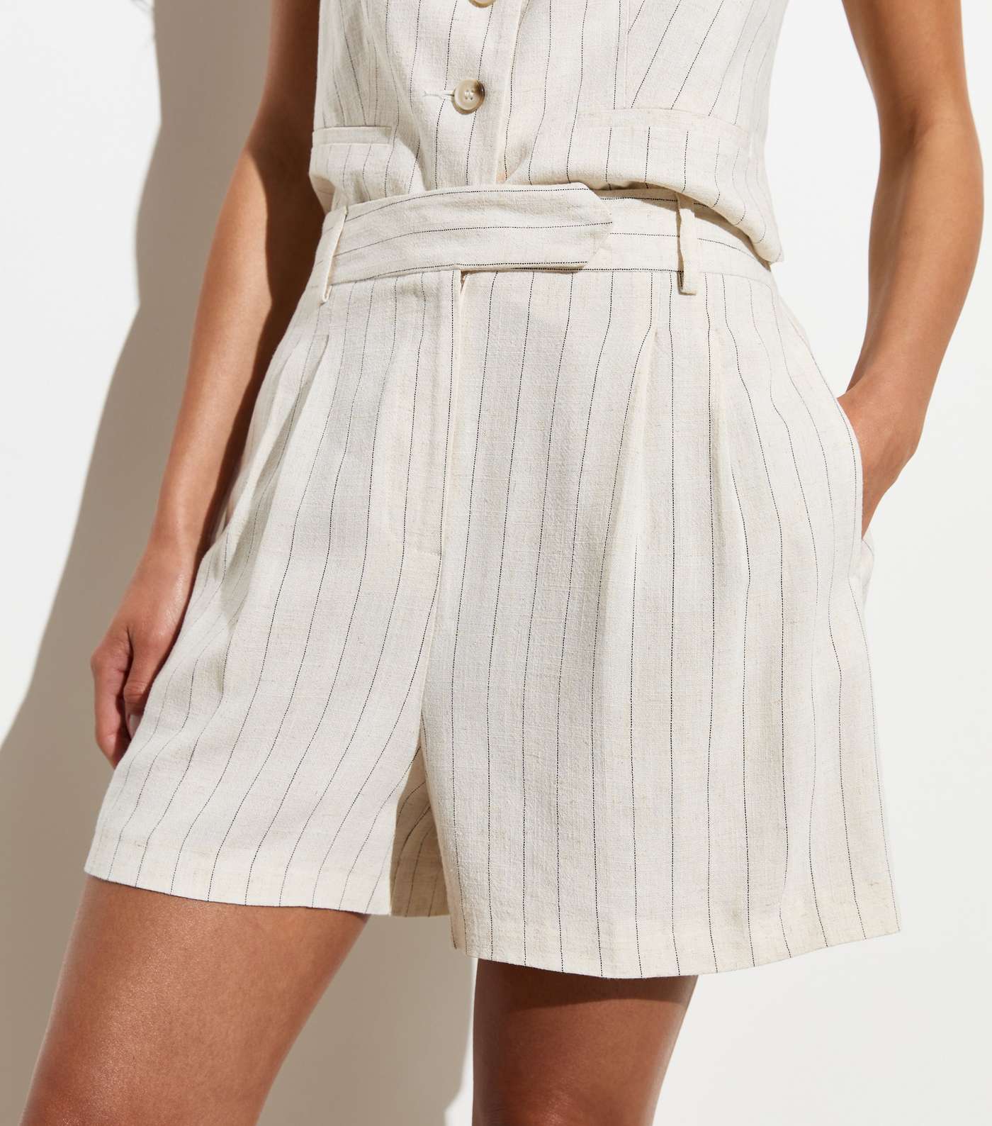 Off White Pinstripe Tailored Shorts Image 2