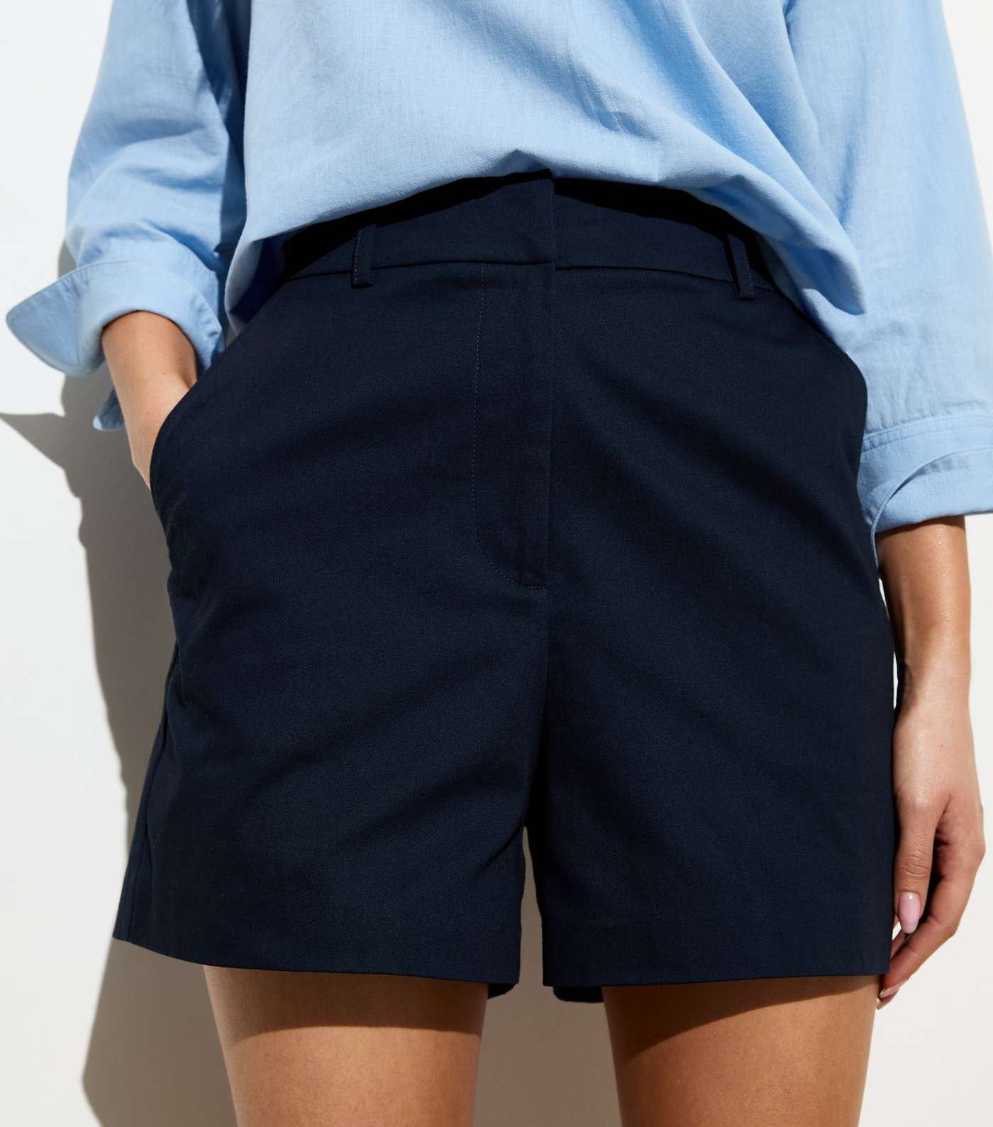 Navy Cotton High Waist Tailored Shorts Image 2