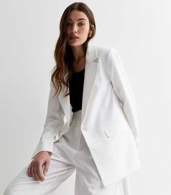 White Linen Blend Long Sleeve Blazer