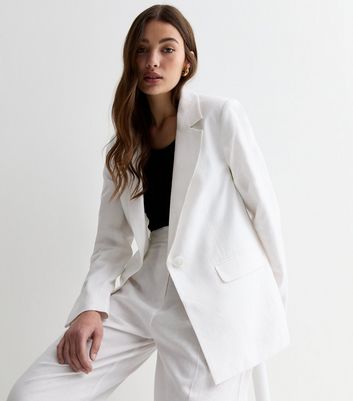 White Linen Blend Long Sleeve Blazer New Look