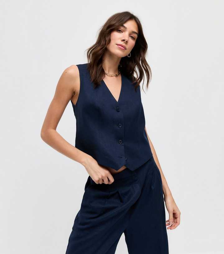 Navy Linen Blend Button Front Waistcoat