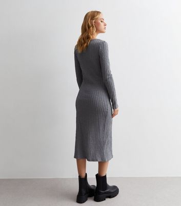 Cutie London Grey Ribbed Knit Cut Out Bodycon Midi Dress New Look
