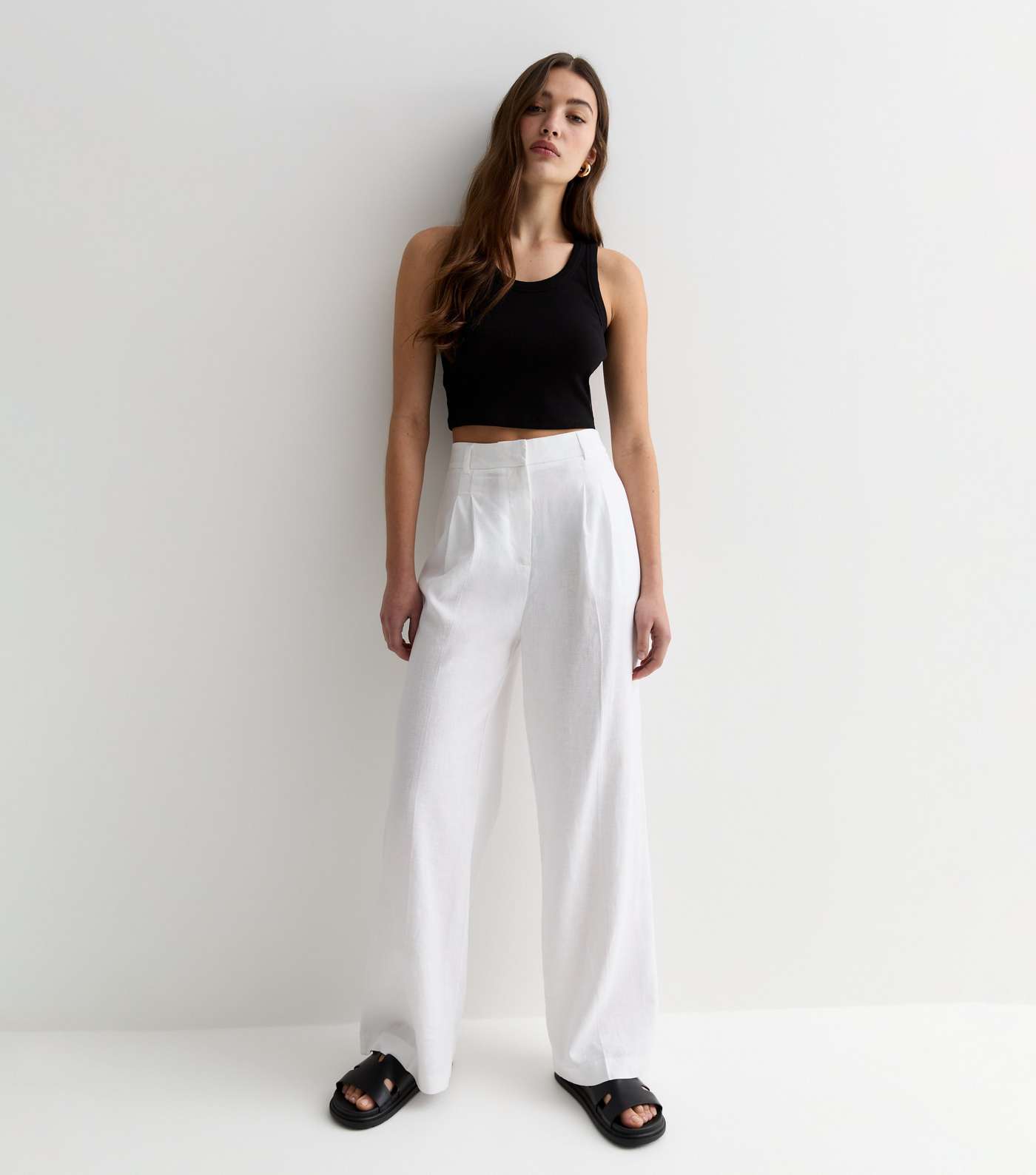 White Linen-Blend Wide Leg Tailored Trousers Image 3