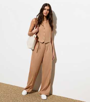 Light Brown Linen-Blend Wide-Leg Tailored Trousers