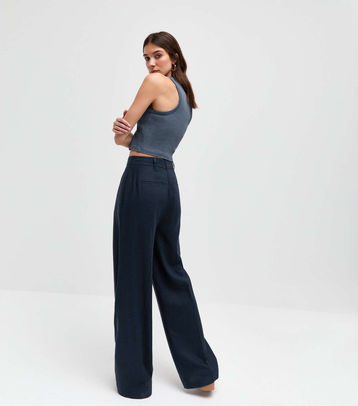 Navy Linen-Blend Wide Leg Tailored Trousers Image 4