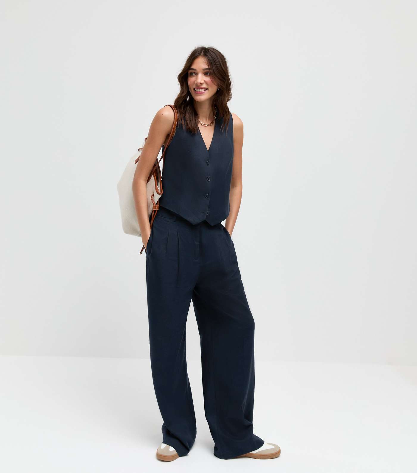 Navy Linen-Blend Wide Leg Tailored Trousers Image 6