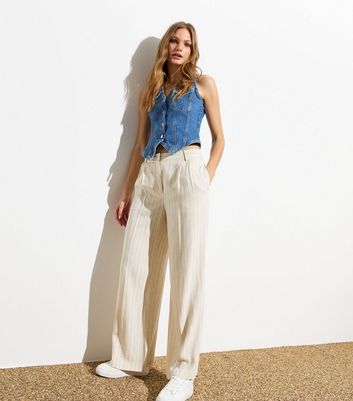 Off White Stripe Linen-Look Tailored Wide Leg Trousers New Look
