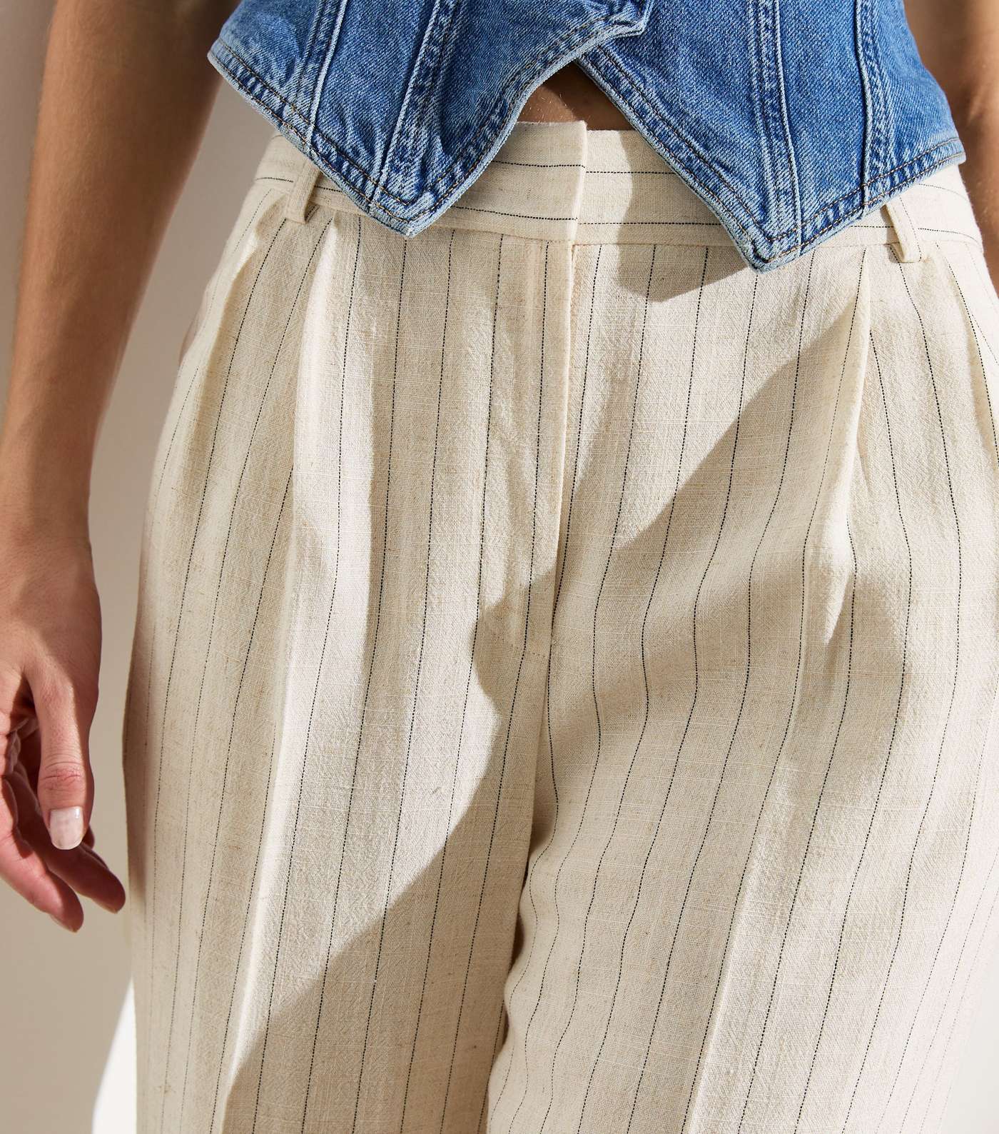 Off White Stripe Linen-Look Tailored Wide Leg Trousers Image 2