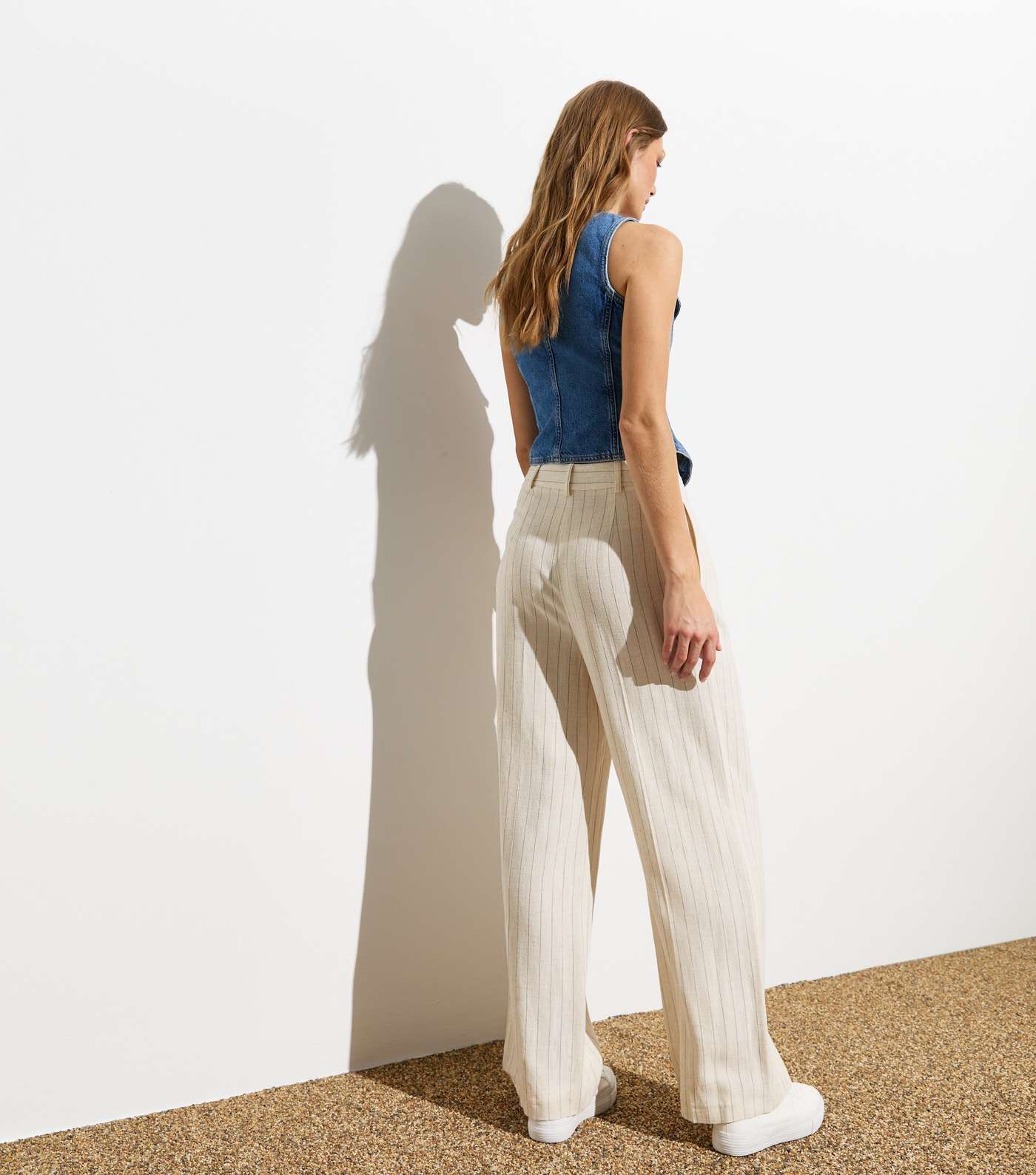 Off White Stripe Linen-Look Tailored Wide Leg Trousers Image 4
