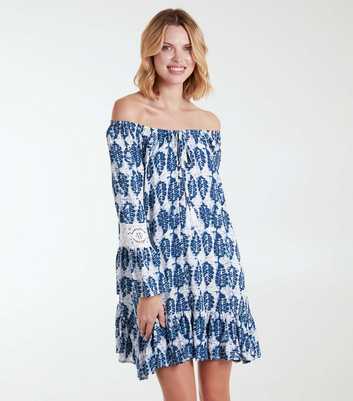 Blue Vanilla Blue Leaf Print Bardot Mini Dress