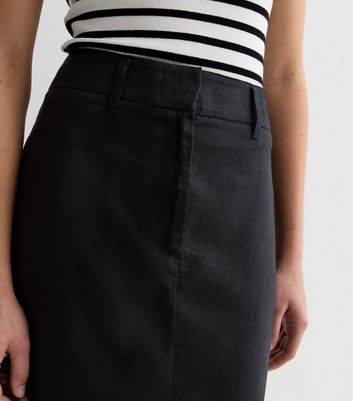 Black Linen Blend High Waist Split Front Midi Skirt New Look