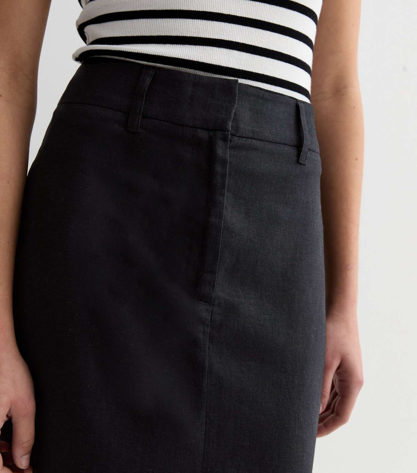 Black Linen Blend High Waist Split Front Midi Skirt Image 2
