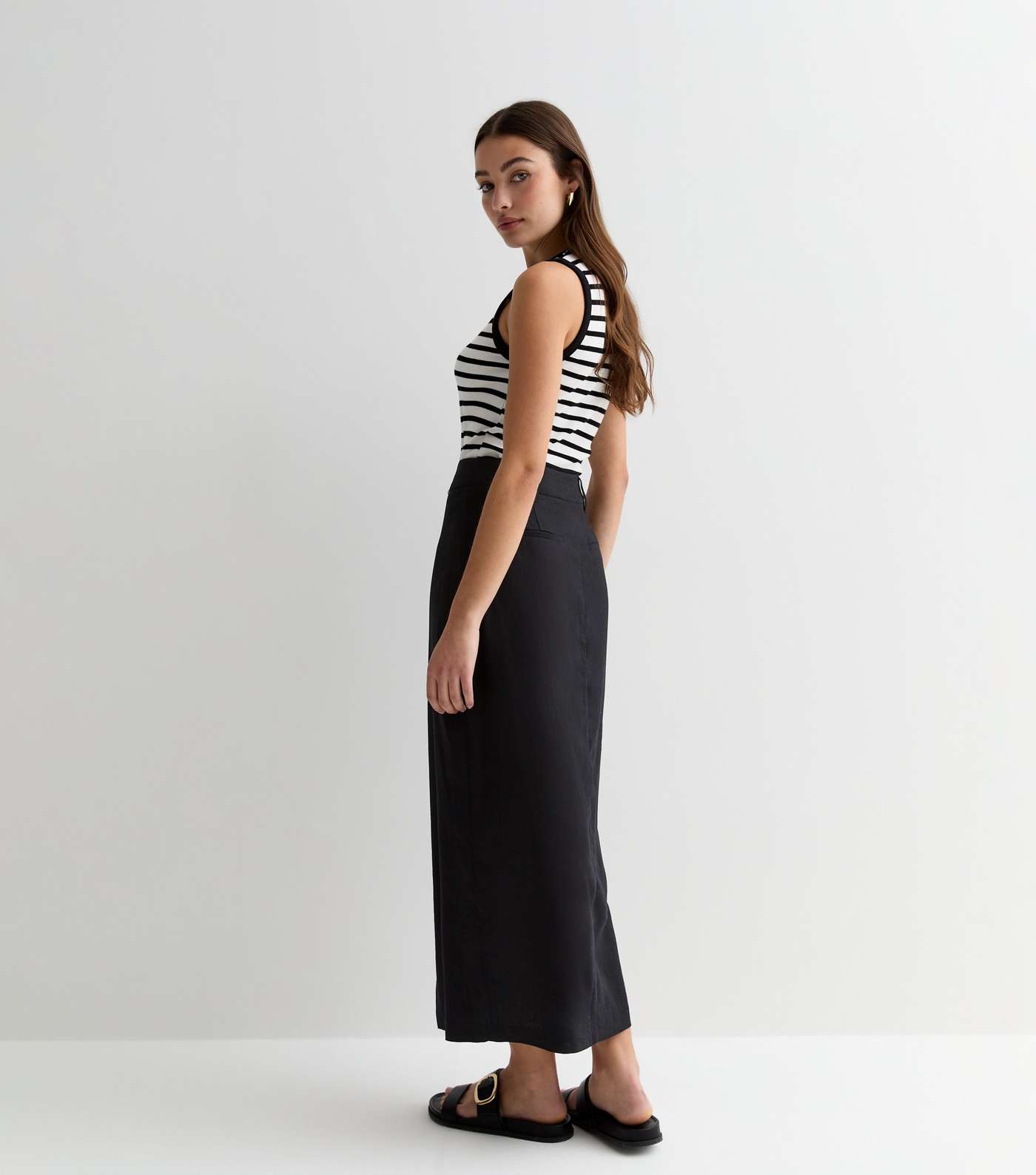 Black Linen Blend High Waist Split Front Midi Skirt Image 4