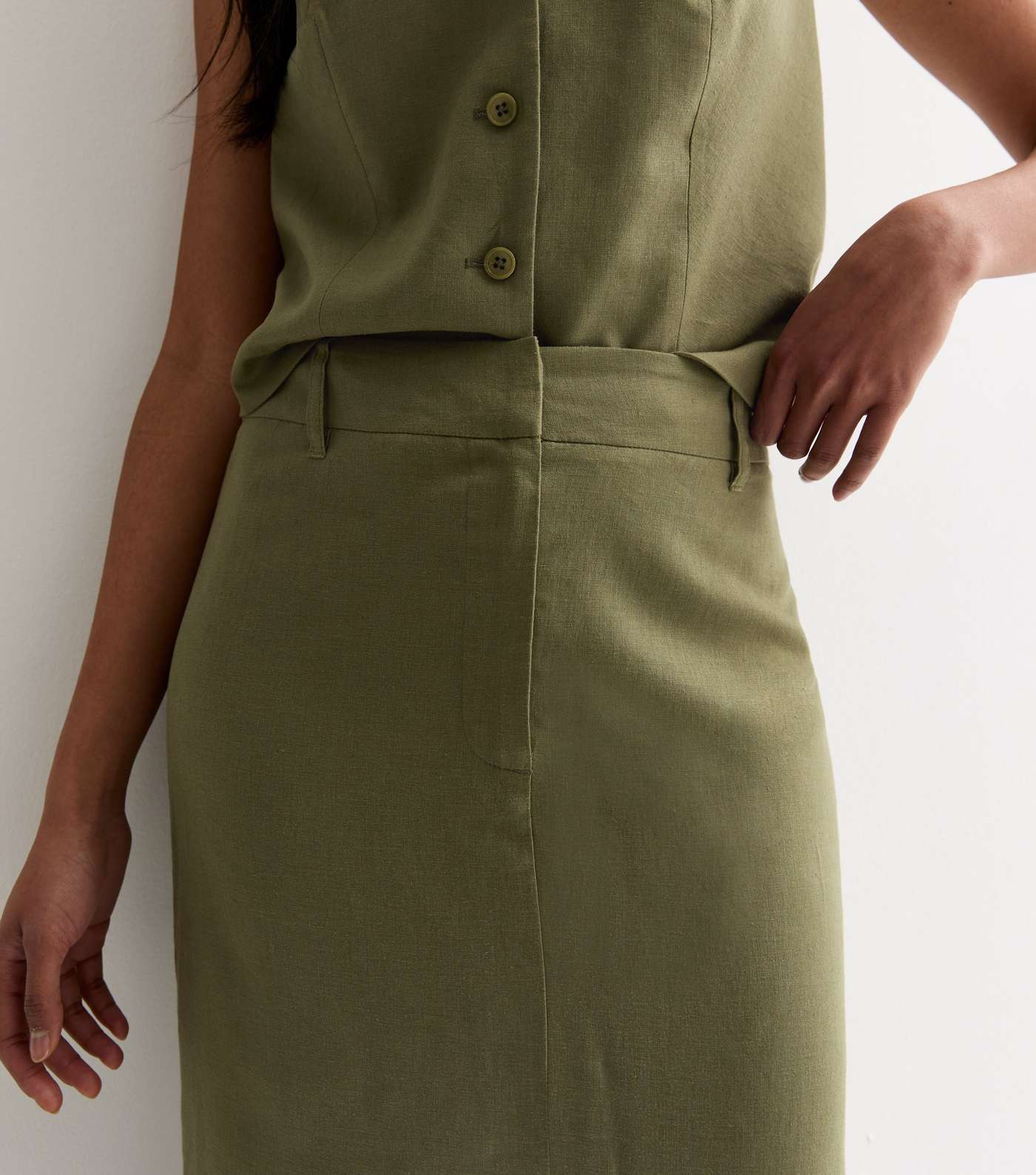 Khaki Linen Blend High Waist Split Front Midi Skirt Image 2
