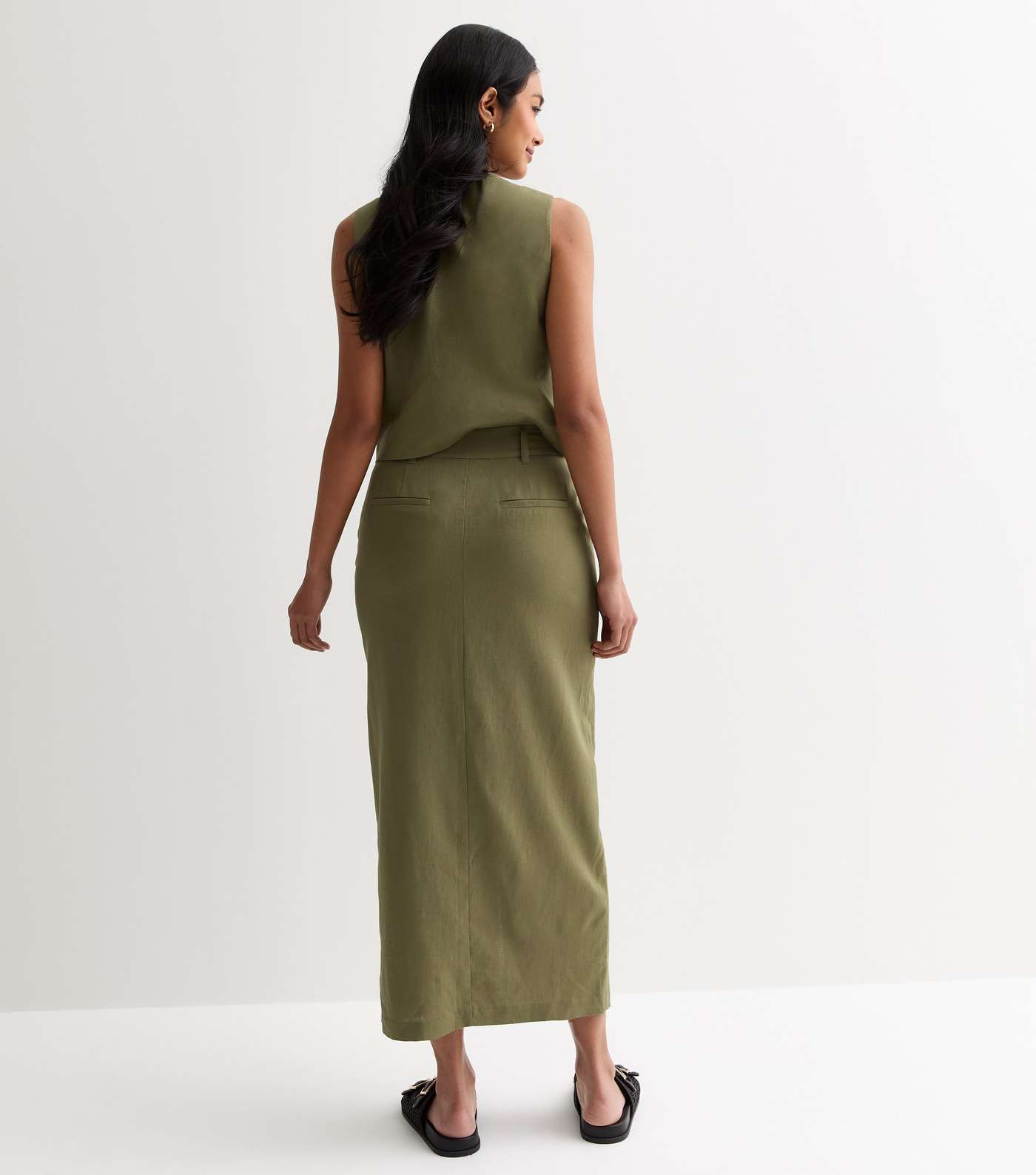 Khaki Linen Blend High Waist Split Front Midi Skirt Image 4