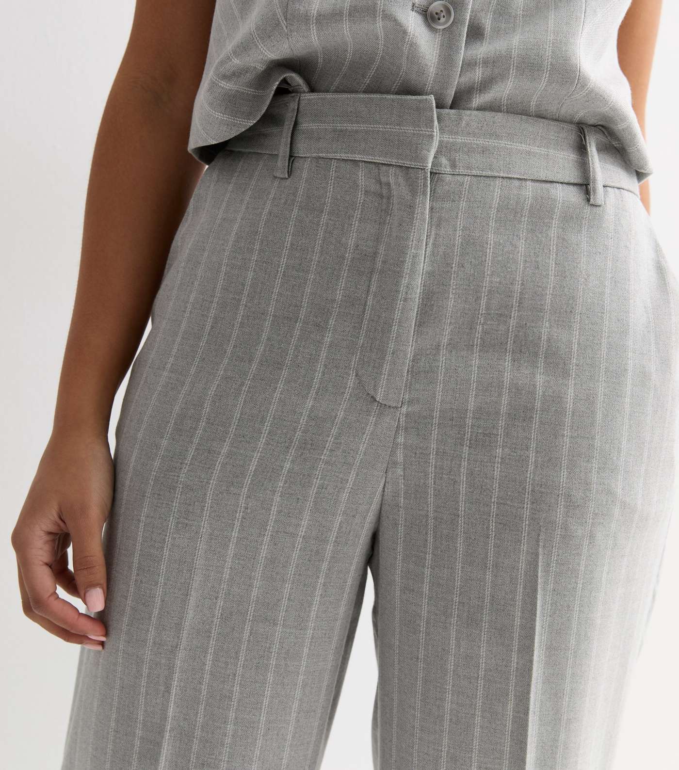 Petite Light Grey Pinstripe Wide Leg Trousers Image 2