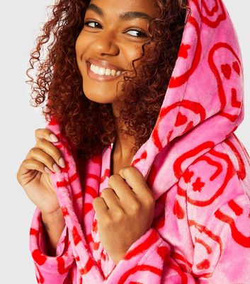 Skinnydip Pink Happy Face Print Fleece Dressing Gown