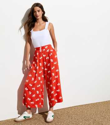 Red Floral Wide Leg Crop Trousers