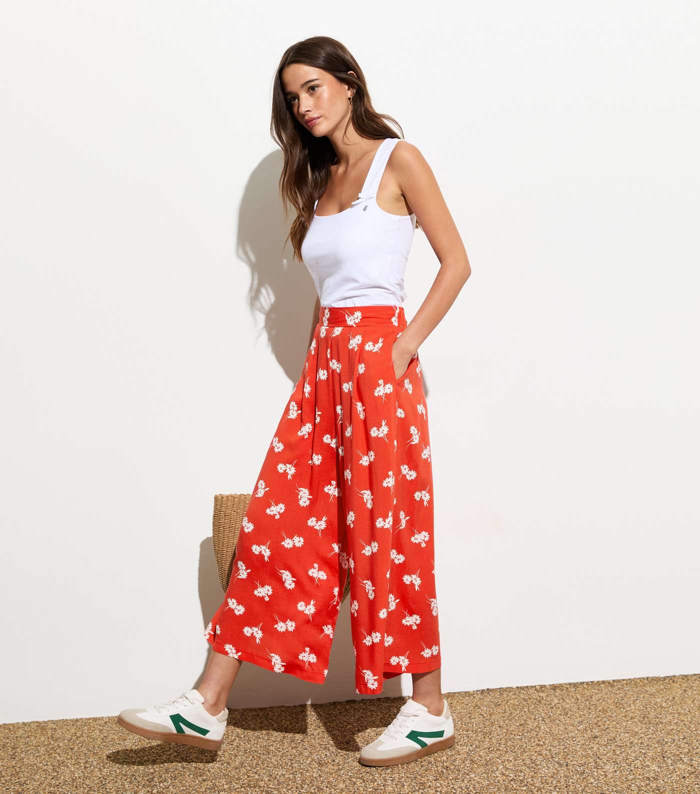 Red Floral Wide Leg Crop Trousers Image 3