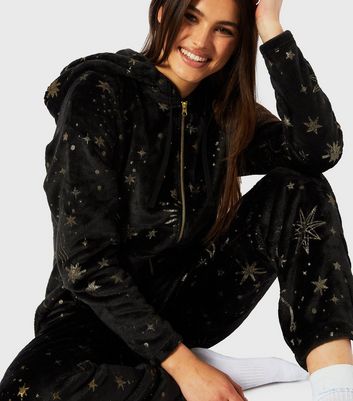 Skinnydip Black Star Print Fleece Hooded Onesie New Look