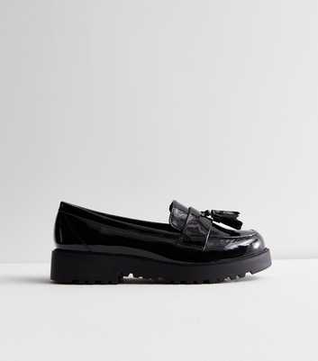 Wide Fit Black Patent Chunky Tassel Loafers