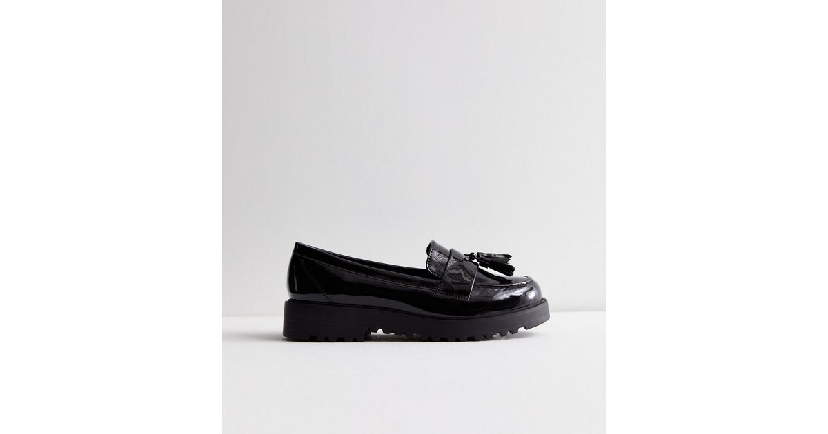 Wide Fit Black Patent Chunky Tassel Loafers | New Look
