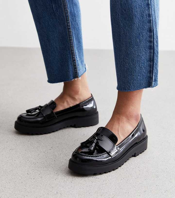 Next Black Patent Standard/Wide Fit Chunky Loafers US (UK W) Womens