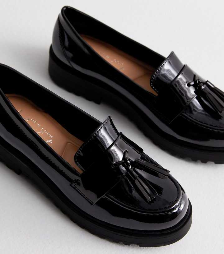How To Wear Patent Leather Loafers Wide Fit Black Patent Chunky Tassel  Loafers New Look