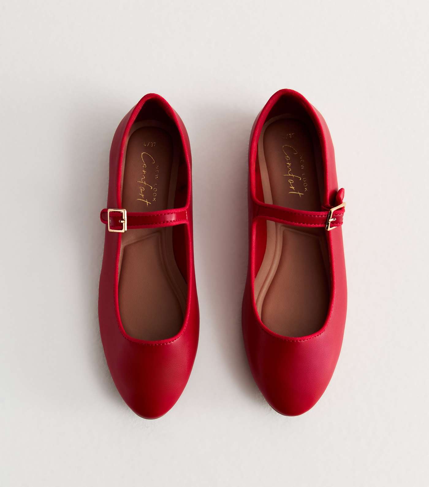 Red Leather-Look Strappy Mary Jane Ballerina Pumps