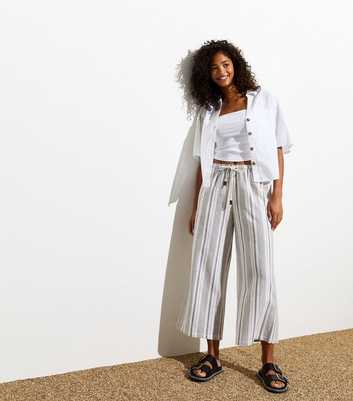 White Cotton-Linen Blend Pinstripe Wide-Leg Trousers 